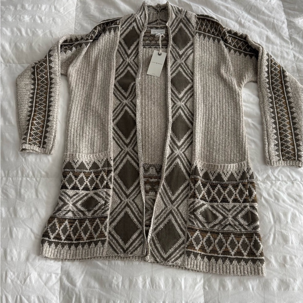 NWT Lucky Brand Patterned Beige and Olive Cardigan Sweater-XS/ SML